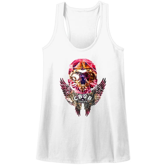 CBGB Faceted Skull Wings White Junior Women's Racerback Tank Top T-Shirt