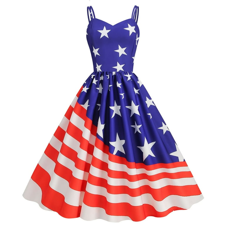 american formal dresses online CBGELRT Flag Pirnt Party Dress Sleeveless Suspender for Women 4Th Of July Large Swing Midi Dress(Xl,Blue) 11/11/24