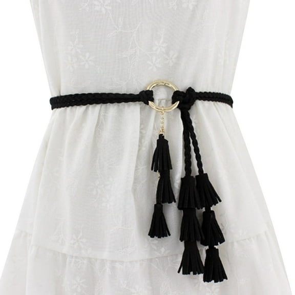 CBGELRT Braided Belts for Women Plus Size Adjustable Casual Knotted Fringe Waist Belts for Jeans Dresses Boho Tassels Waistband, Black
