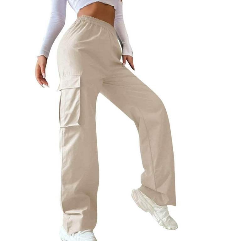 CBGELRT Cargo Pants Clothes Loose Drawstring High Waist Joggers Trousers  Women Casual Joggers Streetwear Baggy Wide Leg Sweatpants S Beige 