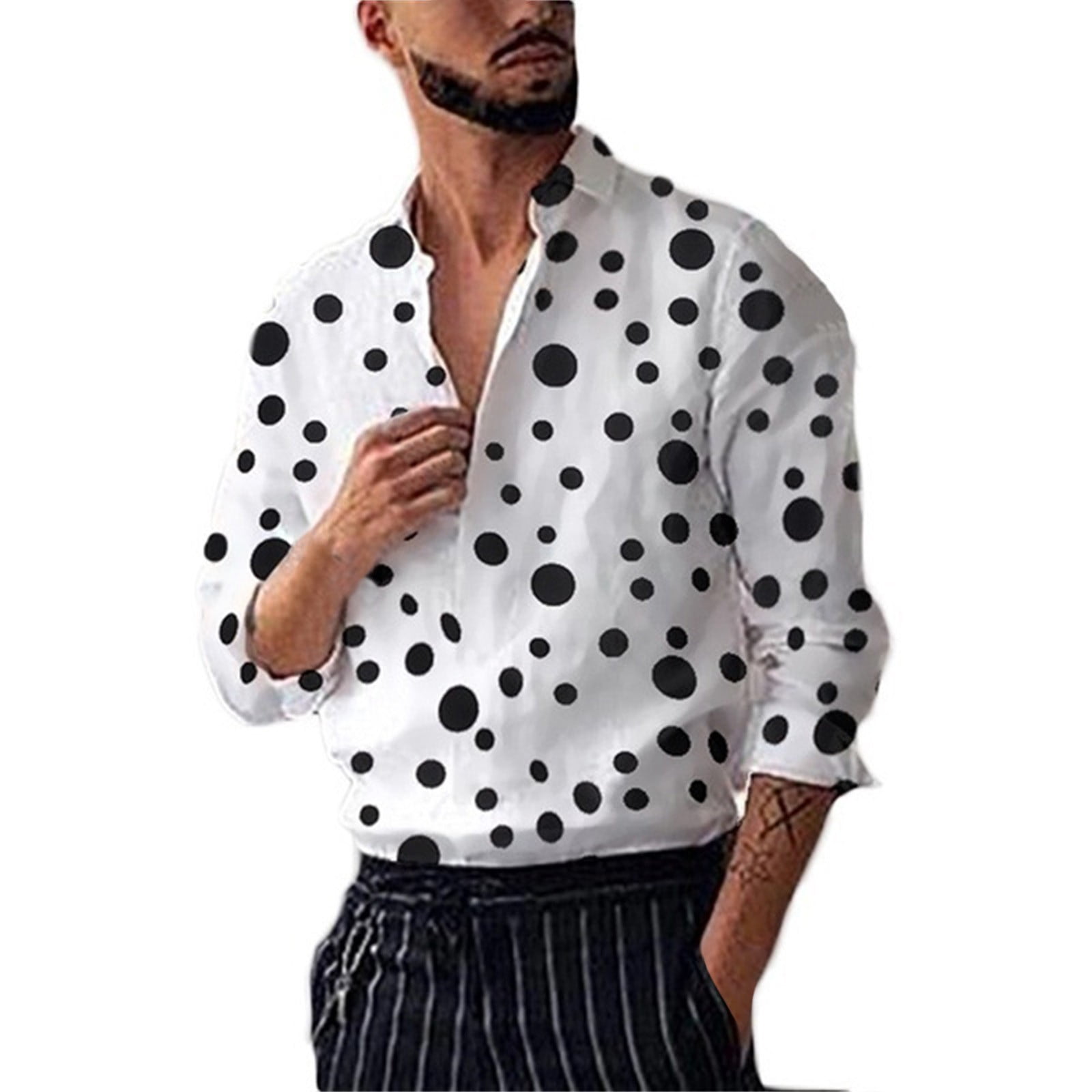 Unique Bargains Men's Long Sleeve Button Slim Polka Dots
