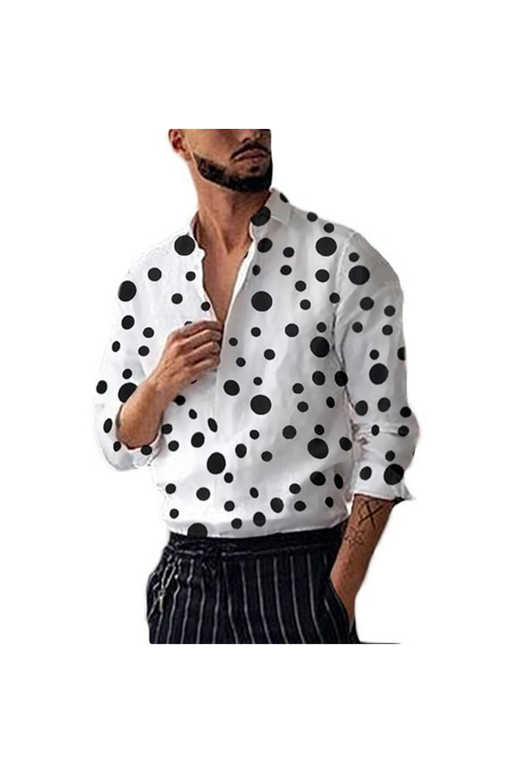 Casual Button down Shirts Polka Dot Print Long Sleeve Dress Shirts for Men Versatile Work Tops White Xxxl