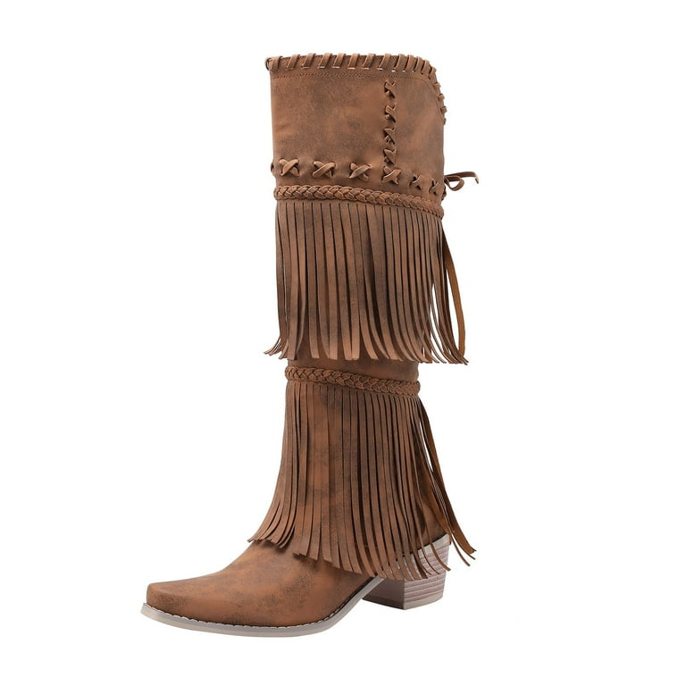 CBGELRT Women's Fringe Strap Knee High Cowboy Boots, Brown, Size