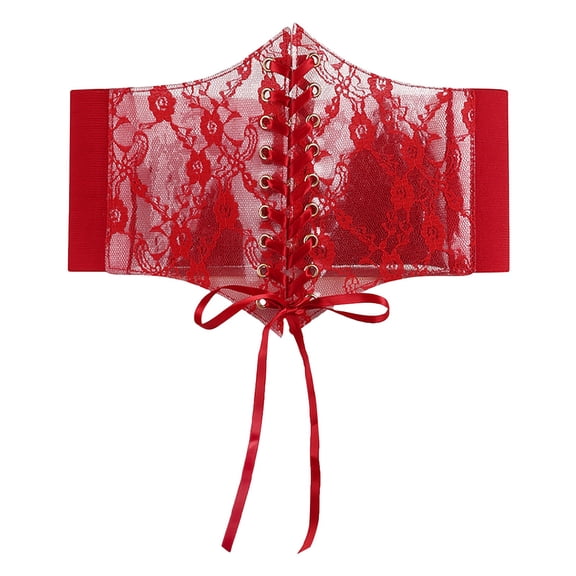 CBGELRT Darkness Belt for Women Vintage Floral Lace Wide Waistband for Dress Blouse Lace Up Cinch Waist Elastic Belts, Red