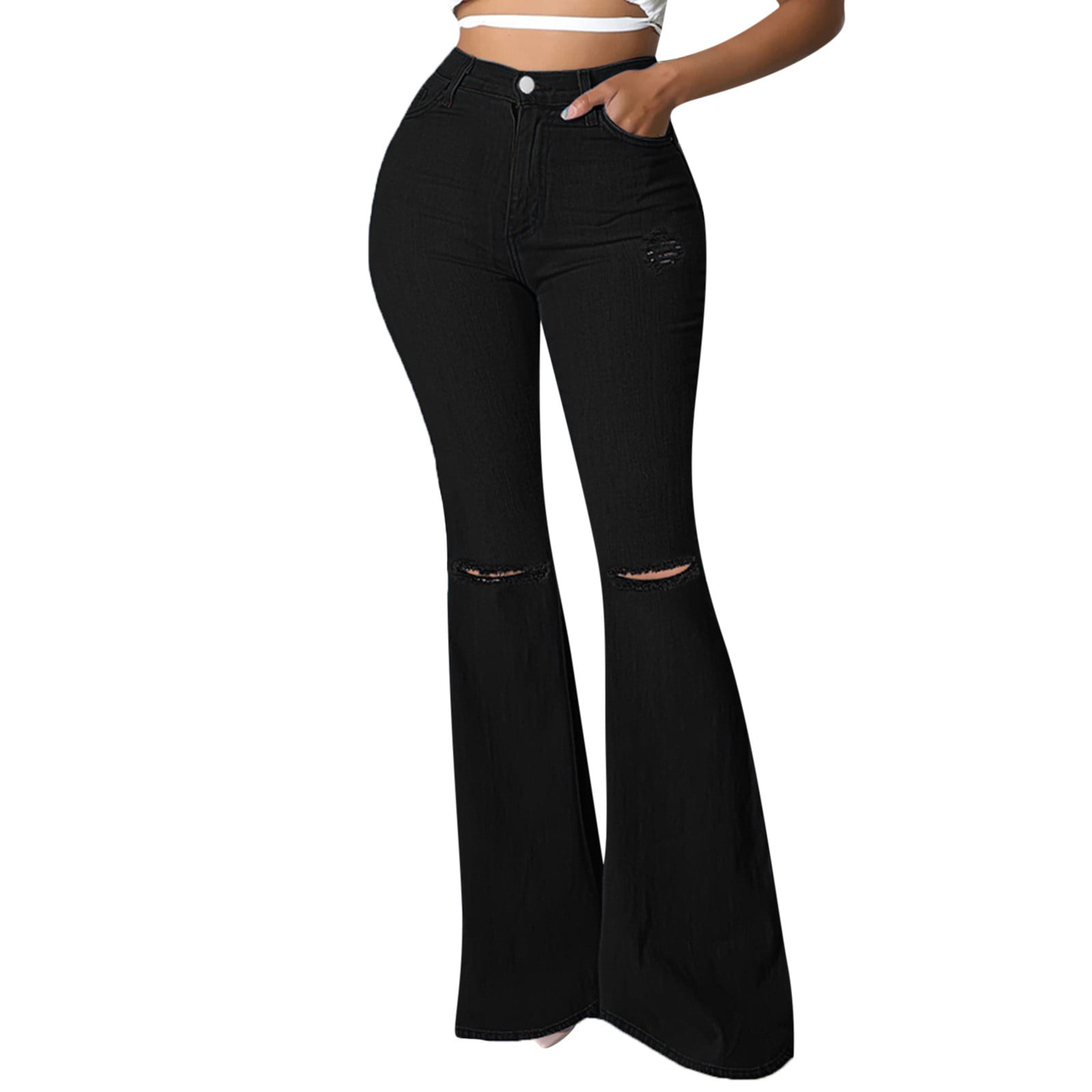 CBGELRT Elegant Jeans for Women High Waist Female Flare Jeans Women Jeans  Pant Bell Bottoms Pant Casual Hole Button Jeans Zipper Trousers
