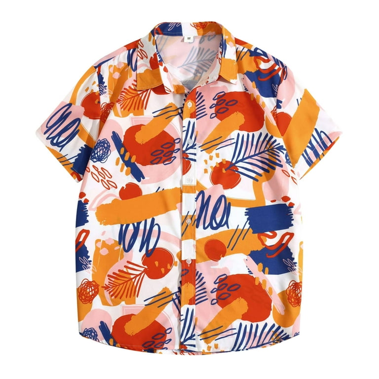 CBGELRT Hawaiian Shirt for Men Plus Size Summer Beach Shirts Printing Fishing  Tops Blouse Short Sleeve Casual Button Down Shirts Orange L 