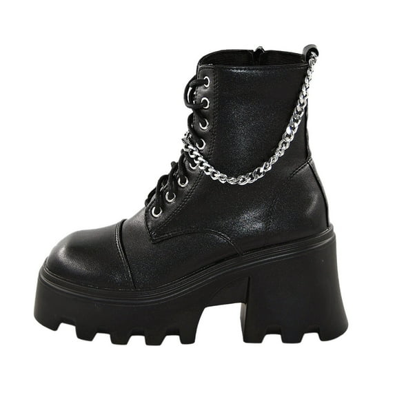 CBGELRT Hiking Boots for Women British Fashion Leather High Heel Ankle Booties Goth Metal Chian Lace-up Boots Womens Shoes, 39 Black