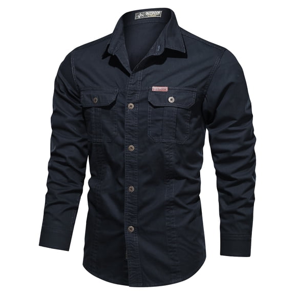CBGELRT Large Size Men's Muscle Fit Dress Shirts Long Sleeve Casual Button down Shirt Multi Pockets Work Shirts Cotton Blouse Tops Blue L