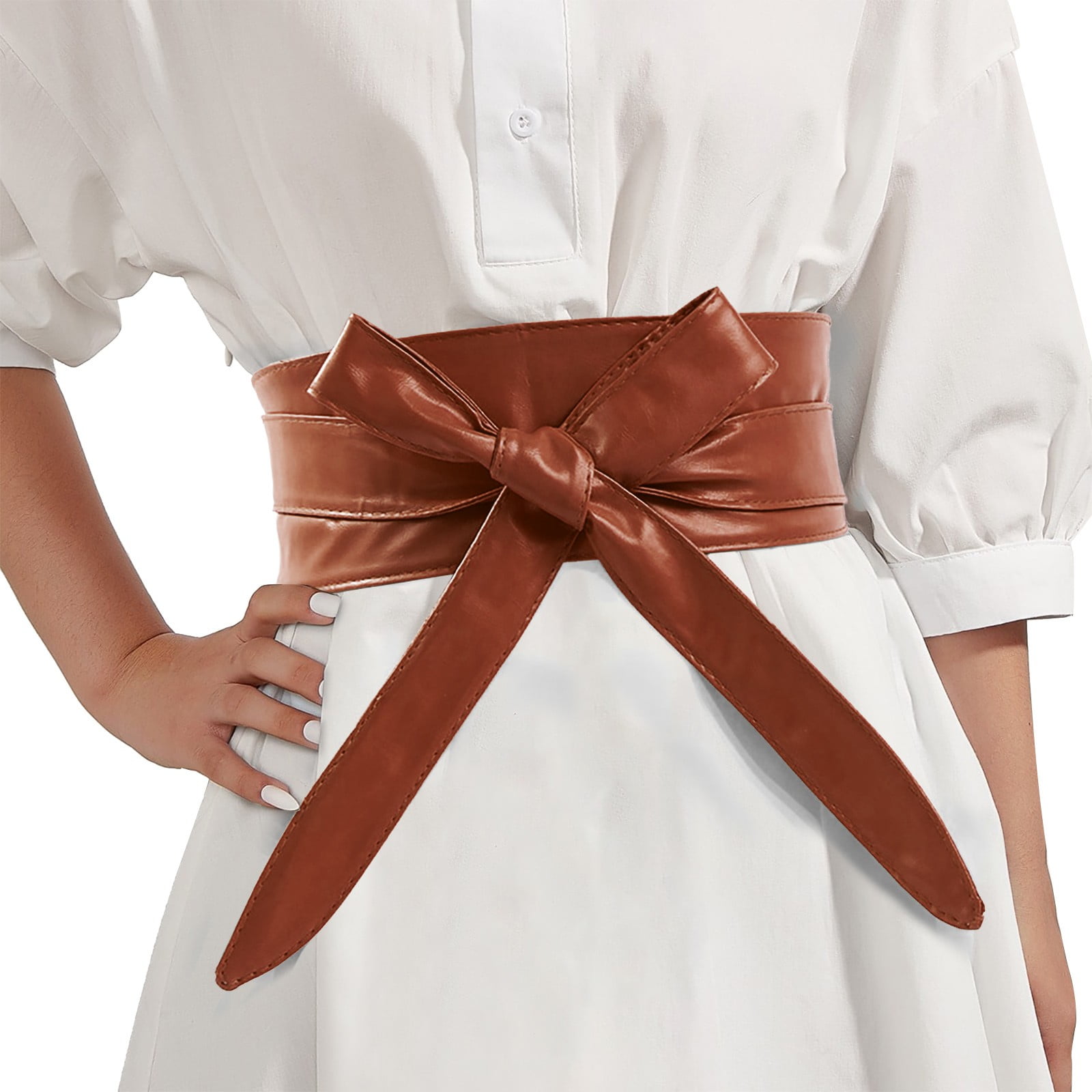 CBGELRT Leather Belts for Women Fashion Wrap Around Wide Elastic Belts  Waistband Bow Knot Lace-up Tied Waist Cinch Belt for Dresses, Coffee