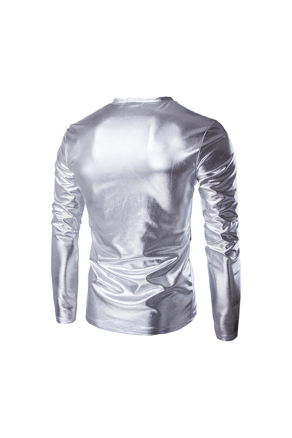 Long Sleeve Shirts for Men Shiny Metallic Wet Look Blouse and Tops Nightclub Party Performance T Shirt Slim Fit V Neck Shirts Silver L