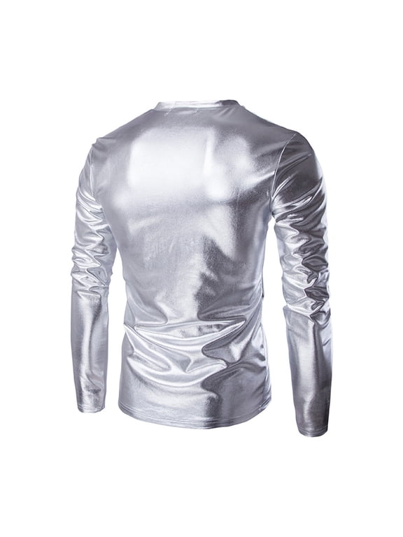 Long Sleeve Shirts for Men Shiny Metallic Wet Look Blouse and Tops Nightclub Party Performance T Shirt Slim Fit V Neck Shirts Silver L