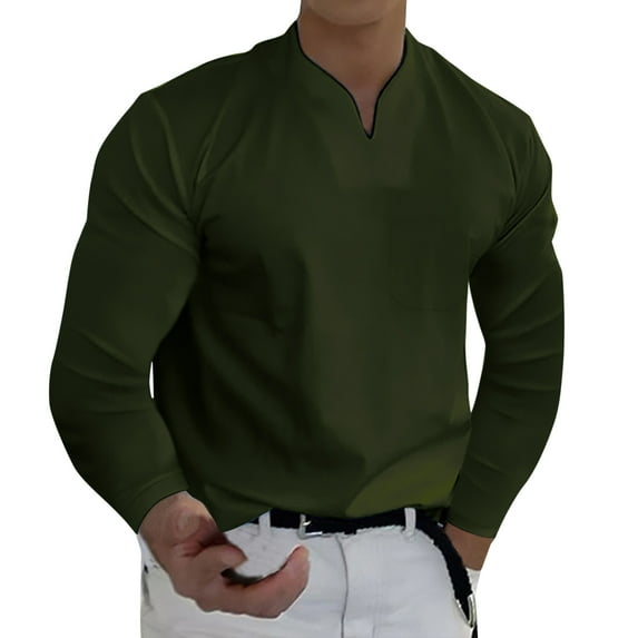 CBGELRT Men's Spring Summer Bussiness Shirts Solid Color Long Sleeve Cotton T Shirt For Men V Neck Casual Leisure Clothing S Green