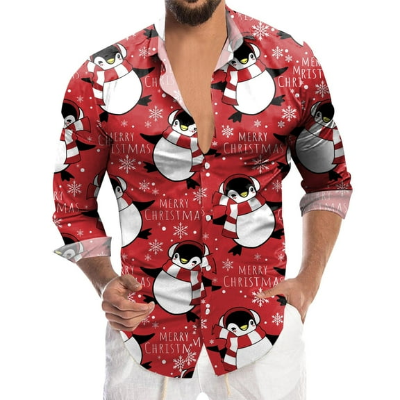 CBGELRT Mens Christmas Shirts 3d Digital Printing Long Sleeve Vacation Dress Shirts Plus Size Lapel Button Down Shirt Party Blouse(XL,Q)