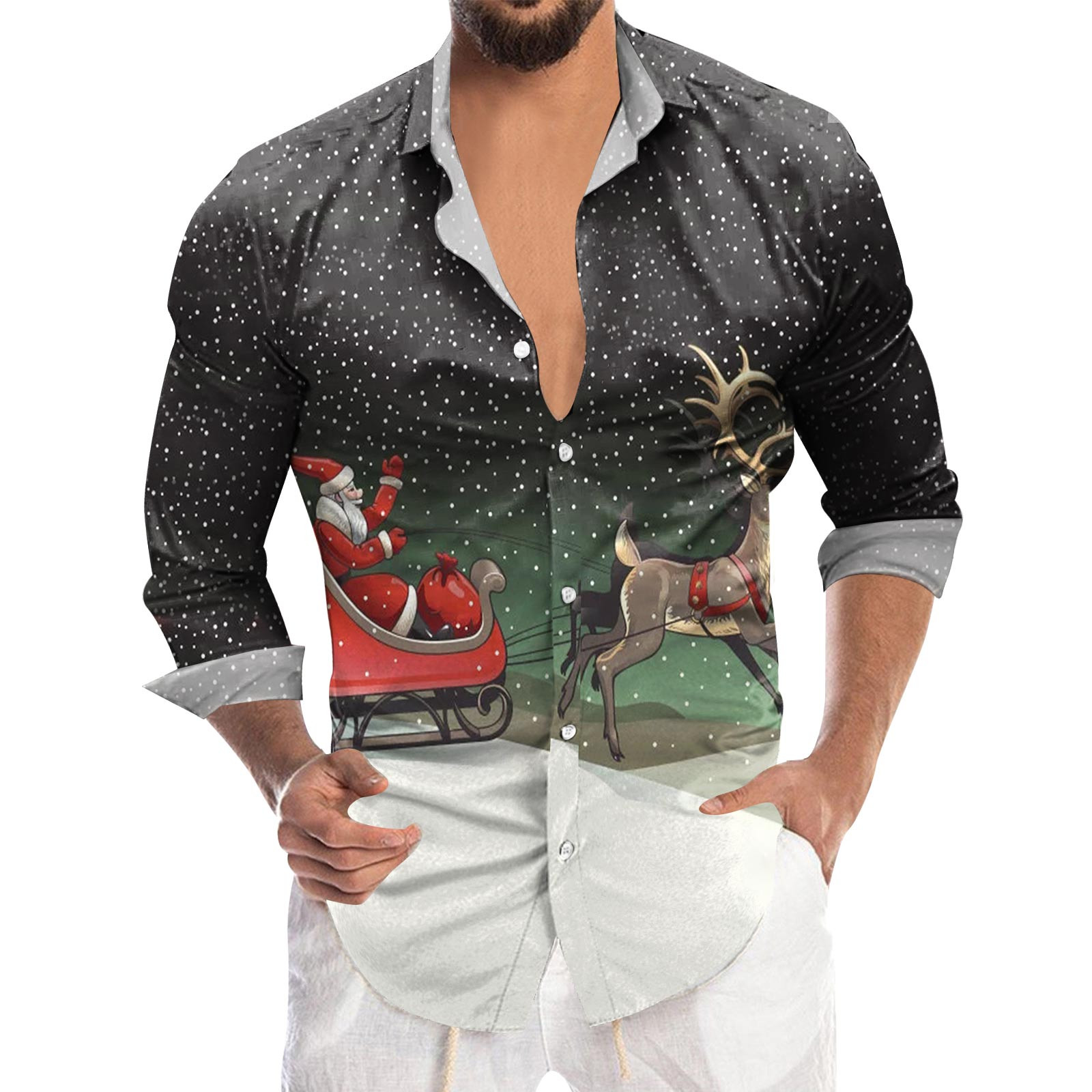 CBGELRT Mens Christmas Shirts Funny Santa 3d Digital Printing Long