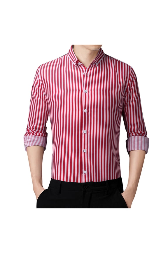 Mens Shirts Casual Mens Short Sleeve Button up Mens Fashion Casual Simplicity Korean Slim Striped Lapel Long Sleeve Shirt Top Red L