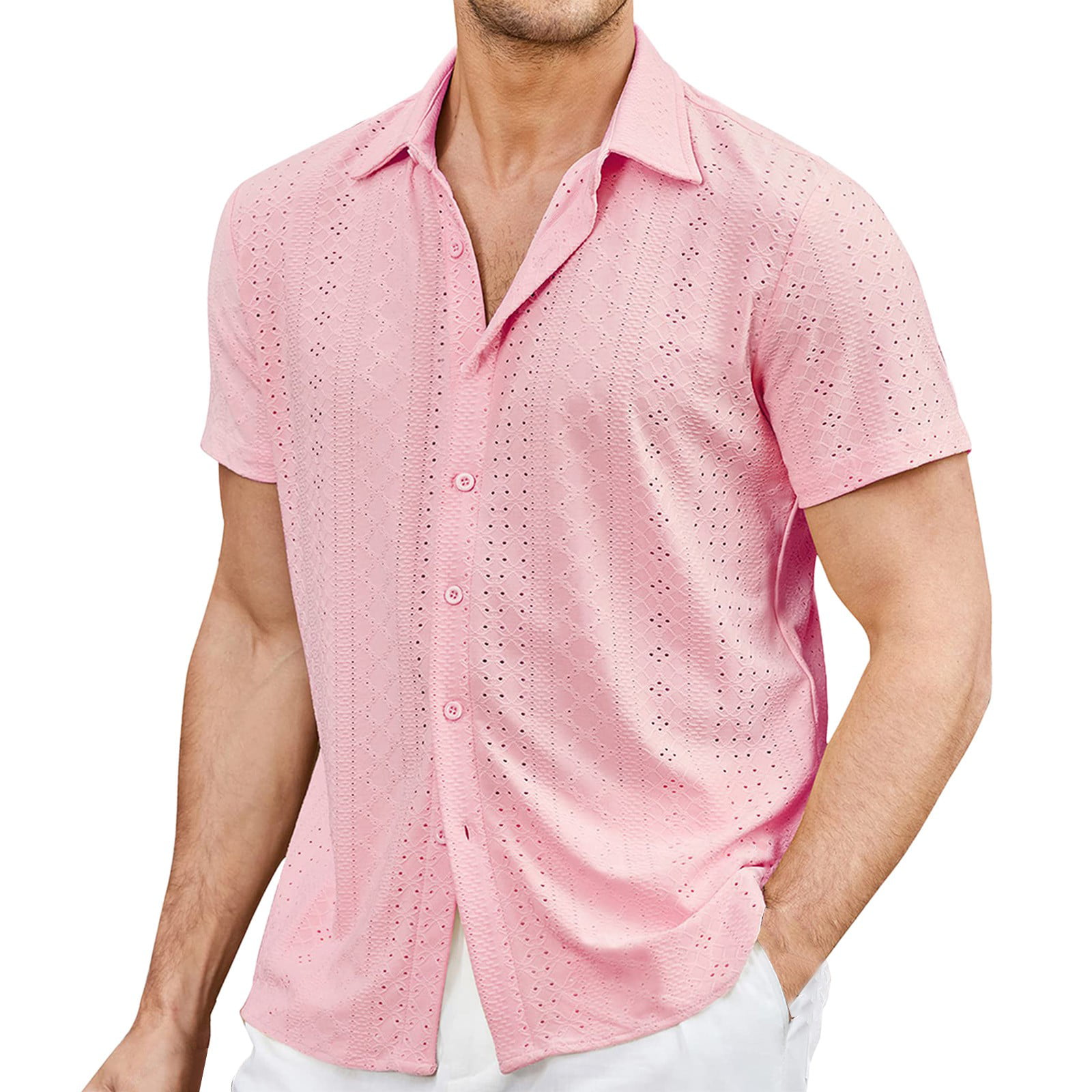 xxl Shirt Lapel Men Sleeve Shirts CBGELRT Knitted Sild Classic Mens Long for Beach Buckle Pink Fabric Pocket Shirts