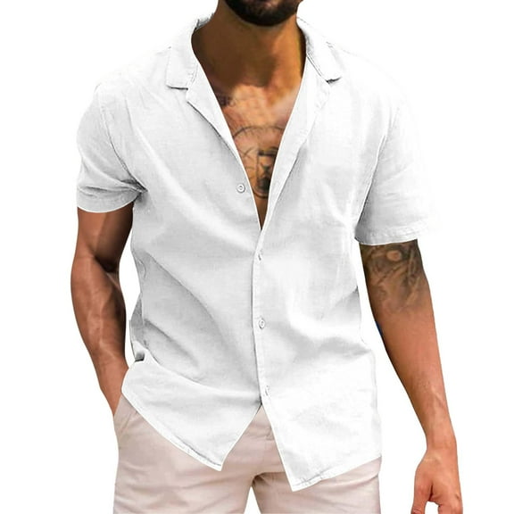 CBGELRT Mens Shirts Classic Mens Button up Shirts Mens Solid Short Sleeve Shirt Button Cotton Linen Shirt White L