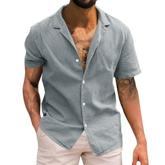CBGELRT Mens Shirts Soft Mens Shirts Casual Stylish Mens Solid Short Sleeve Shirt Button Cotton Linen Shirt Gray xl