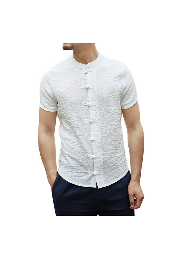 Mens Shirts Summer Navy Blue Dress Shirt Men Linen Chinese Clothing Tang Suit Short Sleeve Henley Shirt for Men White L