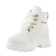 CBGELRT Motorcycle Boots for Women Fashion Solid Leather Lace-Up Hiking Boots Casual Outdoors Comfort Platform Booties Womens Shoes(White,38)