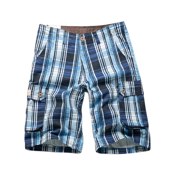 CBGELRT Plaid Cargo Shorts for Men Checkered Five Point Pants Relaxed fit Casual Loose Office Work Shorts with Multi Pockets Blue 30