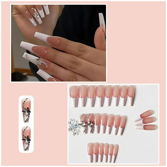 CBGELRT Press on Nails Long French Tip Nails Cute Pink White with Butterfly Rhinestone False Nails 24 Count with 2ml Glue, pink
