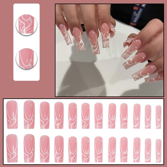 CBGELRT Press on Nails Long Square Shape False Nails French Pink Acrylic Nail Stickers with Pearl Designs 24 Count with 1ml Glue, Pink