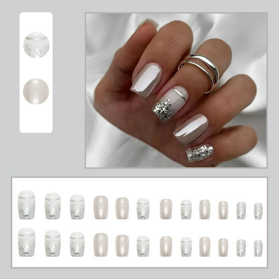 CBGELRT Press on Nails Medium Square Silver Glitter Nails Detachable Reusable Glossy Nail Stickers 24 Count with Glue
