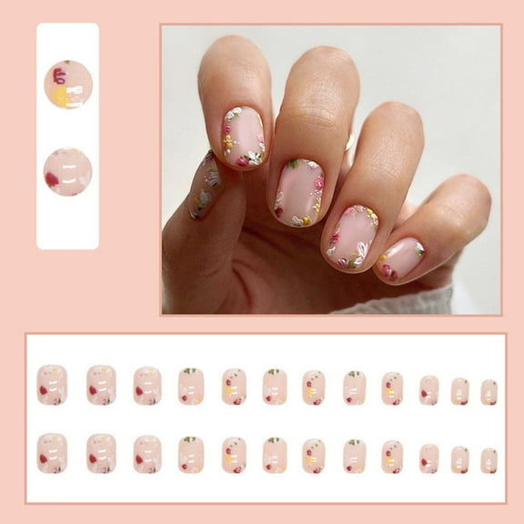 CBGELRT Press on Nails Short Style Square Cute Flowers Nails Spring Summer Pink False Nails 24 Count with Glue, Pink
