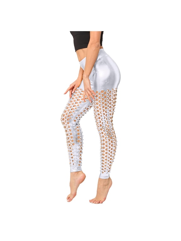 Shiny Glitter Sequin Leggings Fashion Women's Pants Solid Color Bling Dance Trousers High Waist Push Up Stretch Leggins Tights Silver One Size