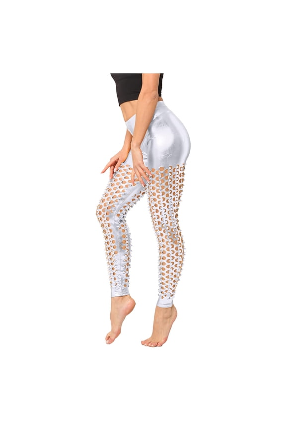 Shiny Glitter Sequin Leggings Fashion Women's Pants Solid Color Bling Dance Trousers High Waist Push Up Stretch Leggins Tights Silver One Size