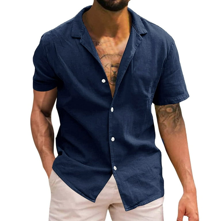 CBGELRT Short Sleeve Dress Shirts for Men Solid Color Casual Button Down Shirts Formal Shirts Blouse Navy M