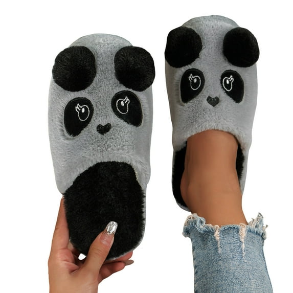 CBGELRT Slippers for Women Cute Cartoon Panda Plush Flat Winter Warm Non Skid Cozy Slides Slippers Indoor Outdoor House Shoes Gray Size 37