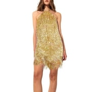 CBGELRT Sparkling Sequin Tassel Halter Party Dresses for Women Vintage Vestidos Flapper Evening Dress Fringe Night out Dancing Dresses Gold Xl