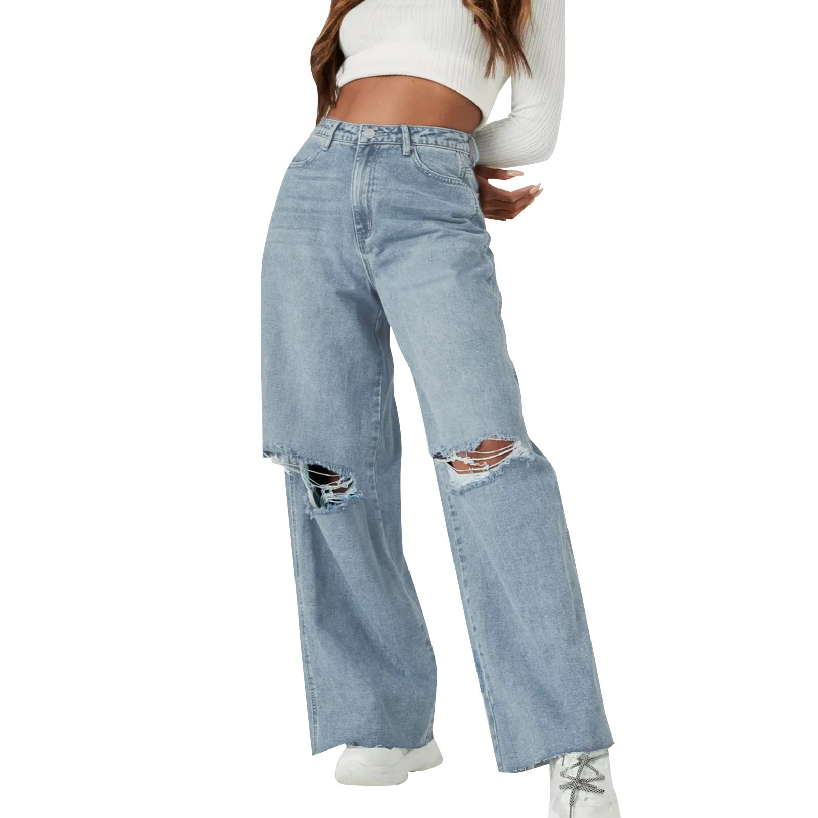 CBGELRT Trendy Jeans for Women High Waist Female Black Jeans for Women High  Waist Womens Wide Leg Baggy Jeans Skater Jeans High Waisted Ripped Denim