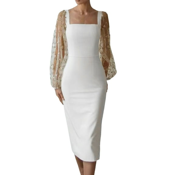 CBGELRT Tulle Floral Embroidered Long Sleeve Evening Dresses for Women Elegant Formal Occasion Dresses Square Neck Maxi Prom Dress White Xl