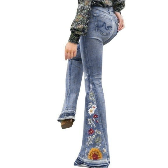 CBGELRT Vintage Jeans for Women High Waist Female Pull On Jeans for Women Bottom Floral Embroidered Bootcut Denim Bell Jeans