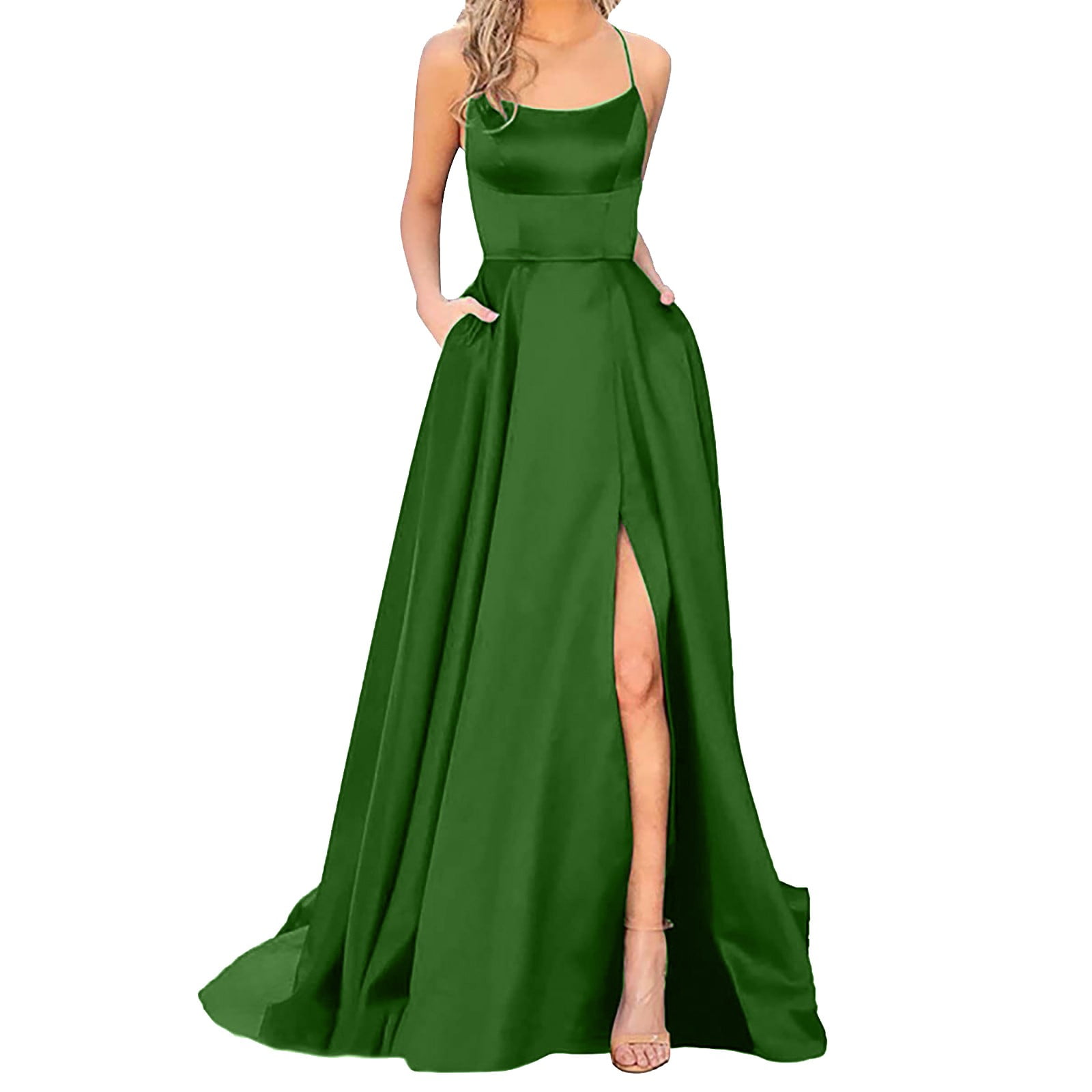 ZYZMH V Neck Slit Prom Dress Women Party Maxi Dress Elegant Pleat Long Evening  Dress (Color : Green, Size : 12) : : Clothing, Shoes & Accessories