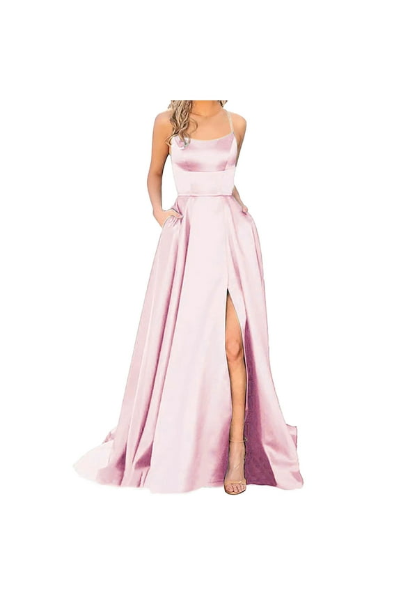 Wedding Guest Formal Occasion Dresses Elegant Satin Velvet Evening Dresses for Women Pocket Side Slit Party Gown Long Maxi Dress Pink L
