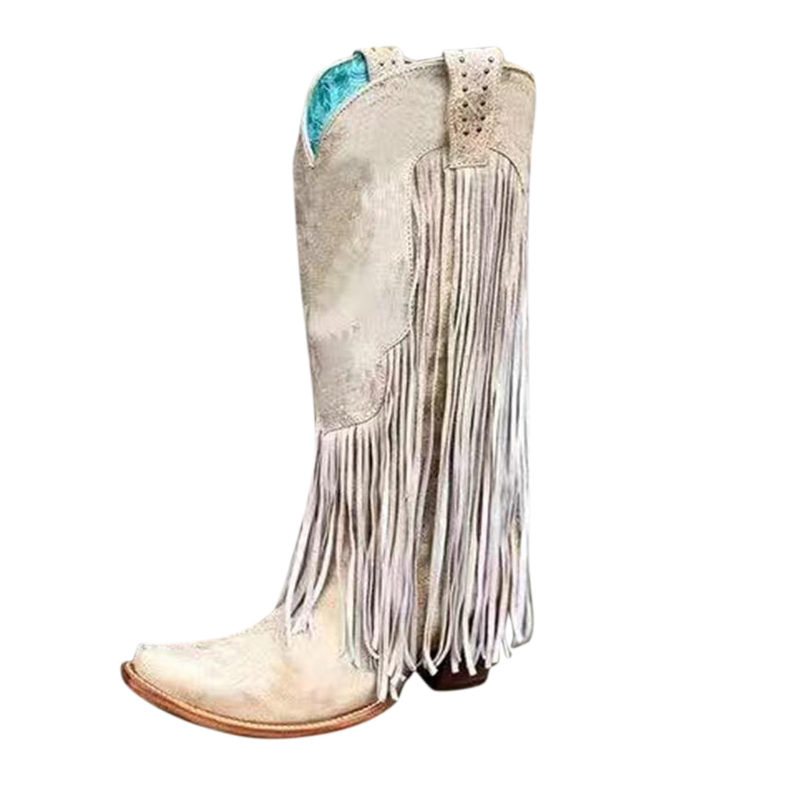 Women's Western Cowgirl Boots - Studded Fringe Long Boots With 2.76 Inch Block Heel