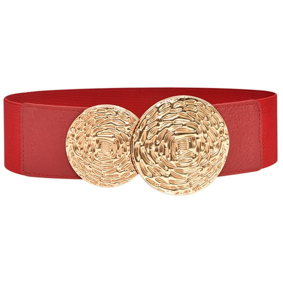 CBGELRT Wide Belts for Women Fashion Wide Leather Elastic Stretch Waist Belts for Jeans Pants Dresses with Round Gold Buckle, Red