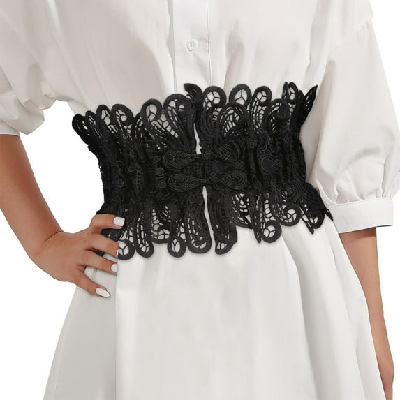CBGELRT Wide Belts for Women Hollow out Black Lace up Tied Belts for Dresses Blouse Elastic Stretch Waist Belts Waistband, Black