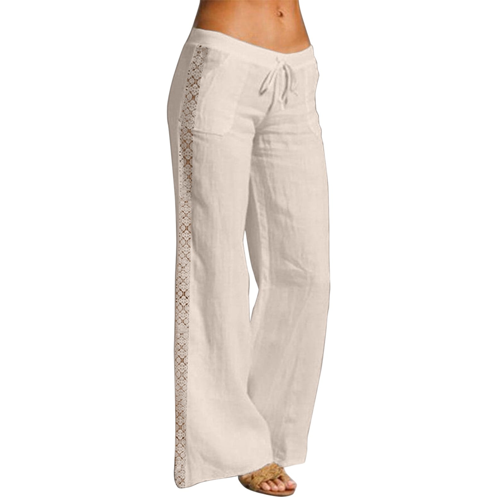 CBGELRT Women Cotton Linen Pants 2023 Summer Solid Color Lace Elastic Waist  Loose Straight Trousers High Waist Wide Leg Pants XXL Khaki 