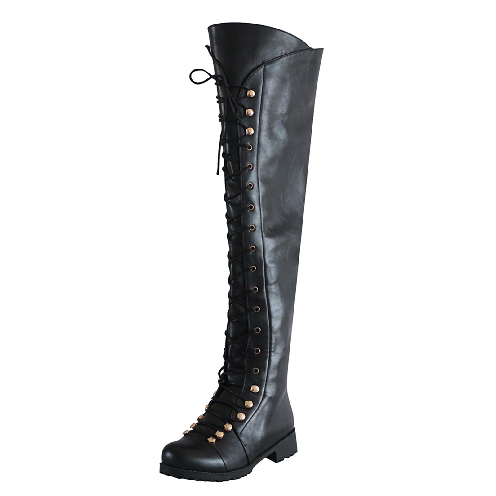 CBGELRT Womens Over the Knee Boots Classic Retro Lace-Up Thigh High ...