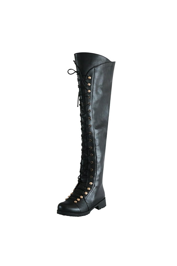 Womens Over the Knee Boots Classic Retro Lace-Up Thigh High Boots Soft Leather Flat Low Heel Western Boots Long Tube Shoes 42