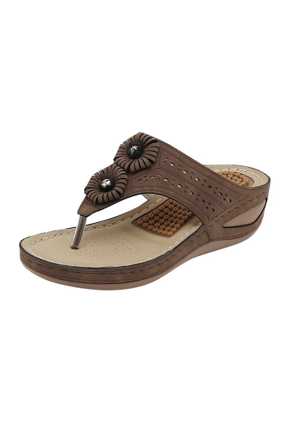Womens Sandals Brown Womens Sandals Thong Fashion Women Summer Flowers Casual Open Toe Wedges Massage Soft Bottom Slippers Breathable Slip On Shoes Sandals Comfortable Flip Flops for Women