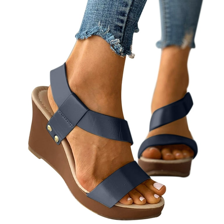 CBGELRT Womens Sandals Dark Blue Walking Sandals for Women With Arch  Support Women Wedge Sandals Buckle Sandals Platform Wedge Slippers  Versatile Fish