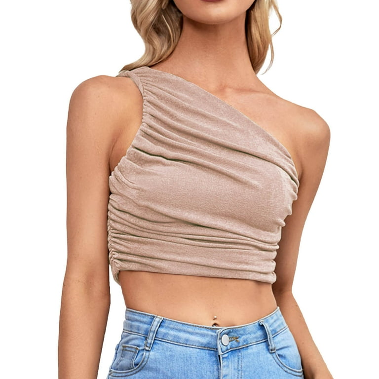 CBGELRT Womens Tops Casual Womens Tank One Shoulder Tops for Women Ruched  One Shoulder Sleeveless Crop Top Strappy Cami Tank Solid Ruched Slim Fit  Going Out Blouses ,xs 