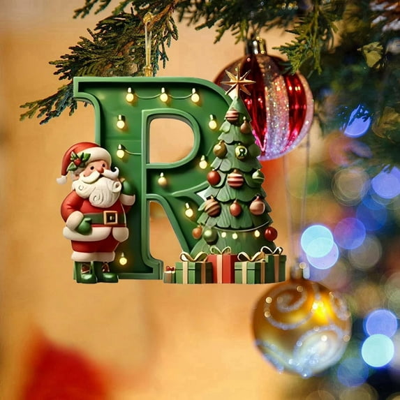 CBI 26 Initial Letter Christmas Ornaments, Green Personalized Christmas Initial with Christmas Tree and Santa Claus, Christmas Tree Decoration Hanging Pendant Xmas Gifts for Kids