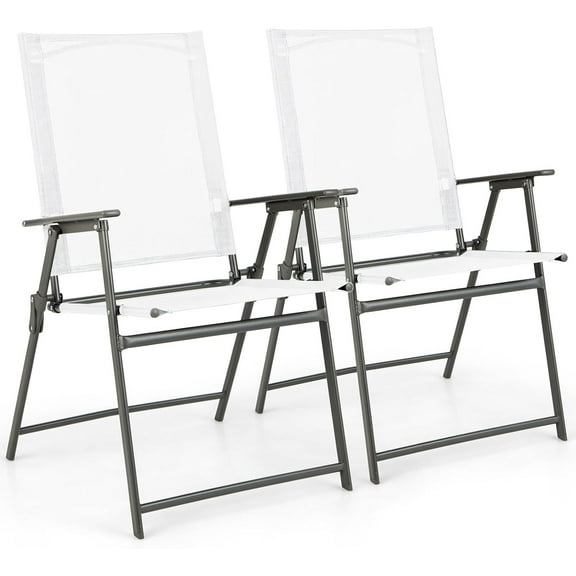 CBINGB Set of 2 Patio Folding Chairs, High Back Dining Chairs with Weather-Resistant Fabric, No Assembly, Outdoor Portable Metal Lawn Chairs with Armrests & Footrest for Garden (White)